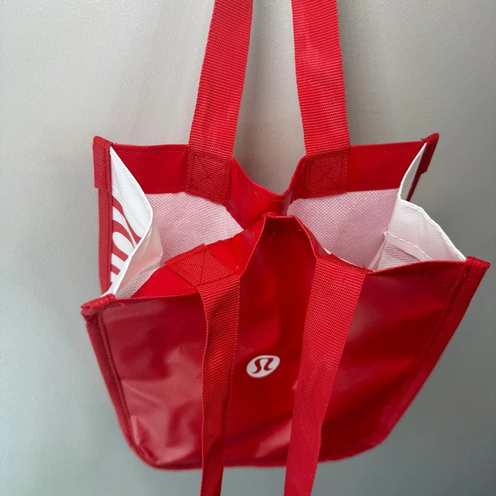 Lululemon Athletica Small Reusable Shopping Tote Bag Red White Logo Snap Closure